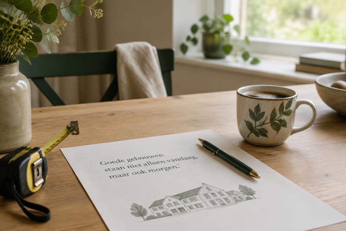 Een bouwofferte op tafel met een pen en een rolmaat